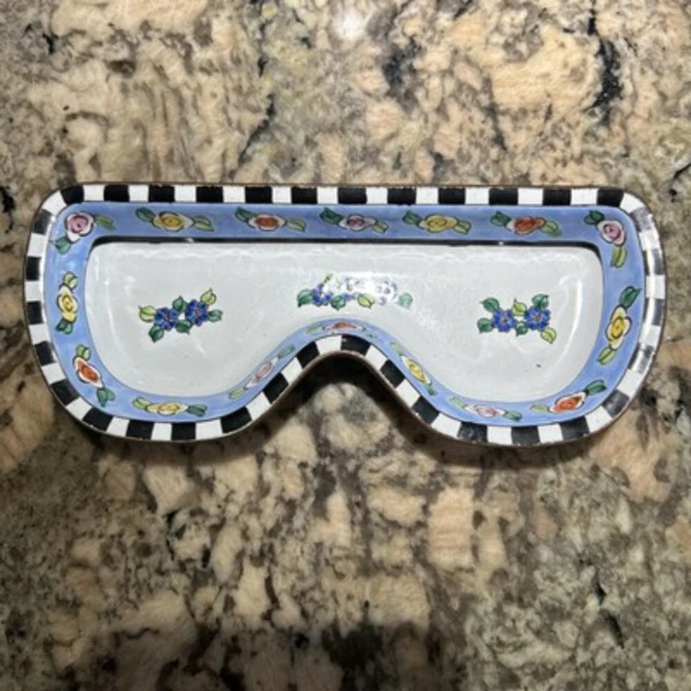Kelvin Chen Enamel Eyeglasses Rest / Trinket Tray ~ Floral & Check Fun Design